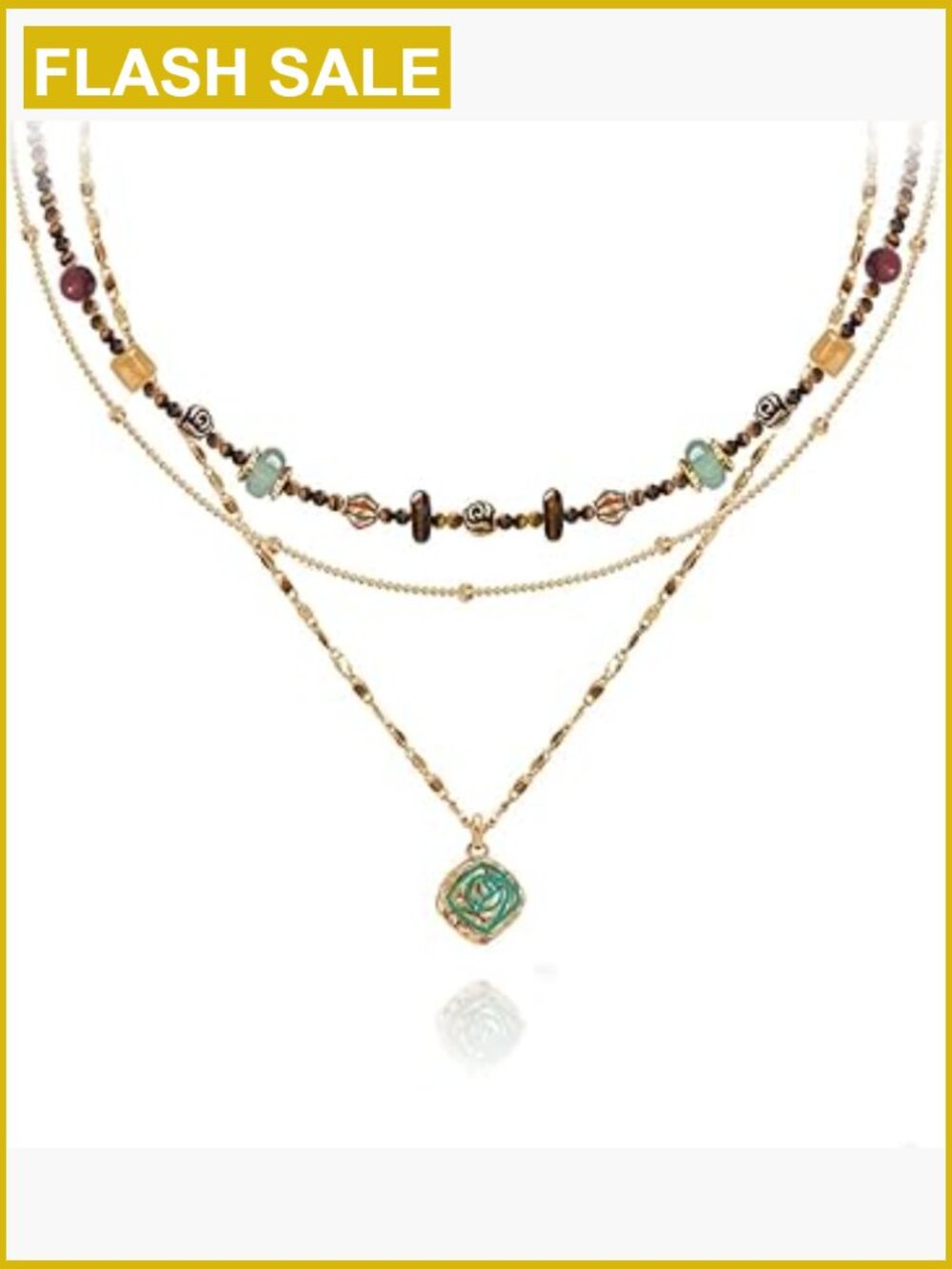 Multi-Layer Beaded Pendant Necklace Retro Fashion Gold Plated